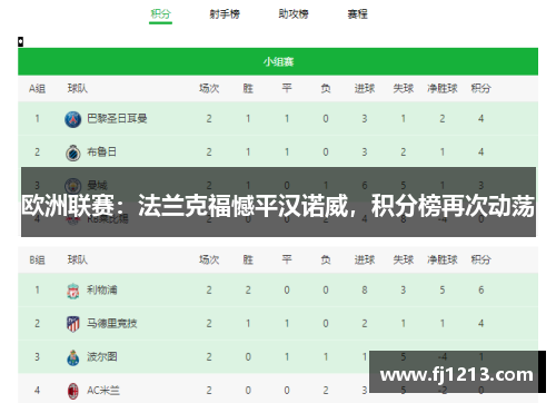 欧洲联赛：法兰克福憾平汉诺威，积分榜再次动荡